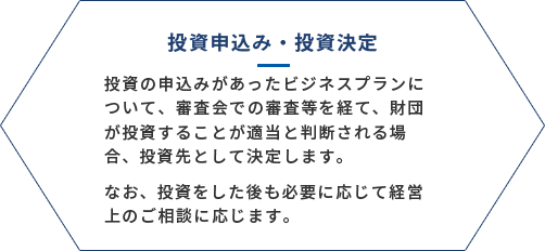 投資申込み・投資決定 投資の申込みがあったビジネスプランについて、審査会での審査等を経て、センターが投資することが適当と判断される場合、投資先として決定します。なお、投資をした後も必要に応じて経営上のご相談に応じます。
